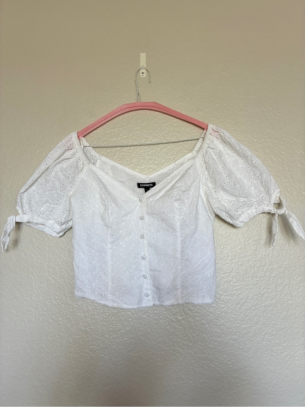 Express 100% Cotton White Eyelet Puff Sleeve Button-Front Top Cottagecore Y2K